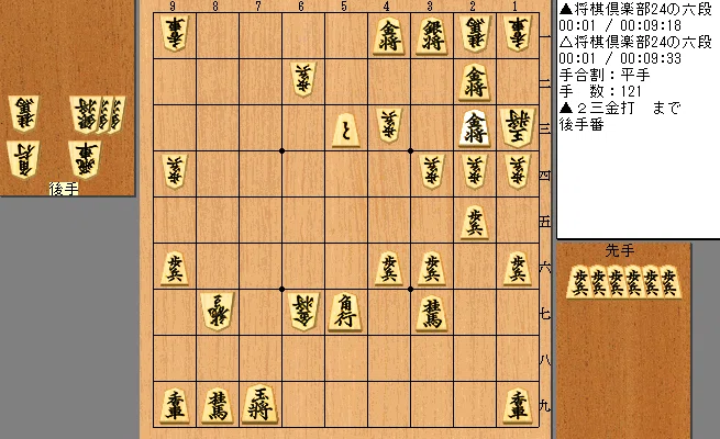 将棋倶楽部24の六段 凄い頓死 121手目2三金打