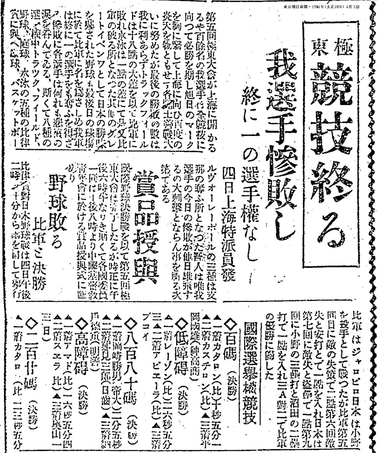 百年ﾆｭｰｽ】1921(大正10)5月30日(月) 第5回極東選手権競技大会が