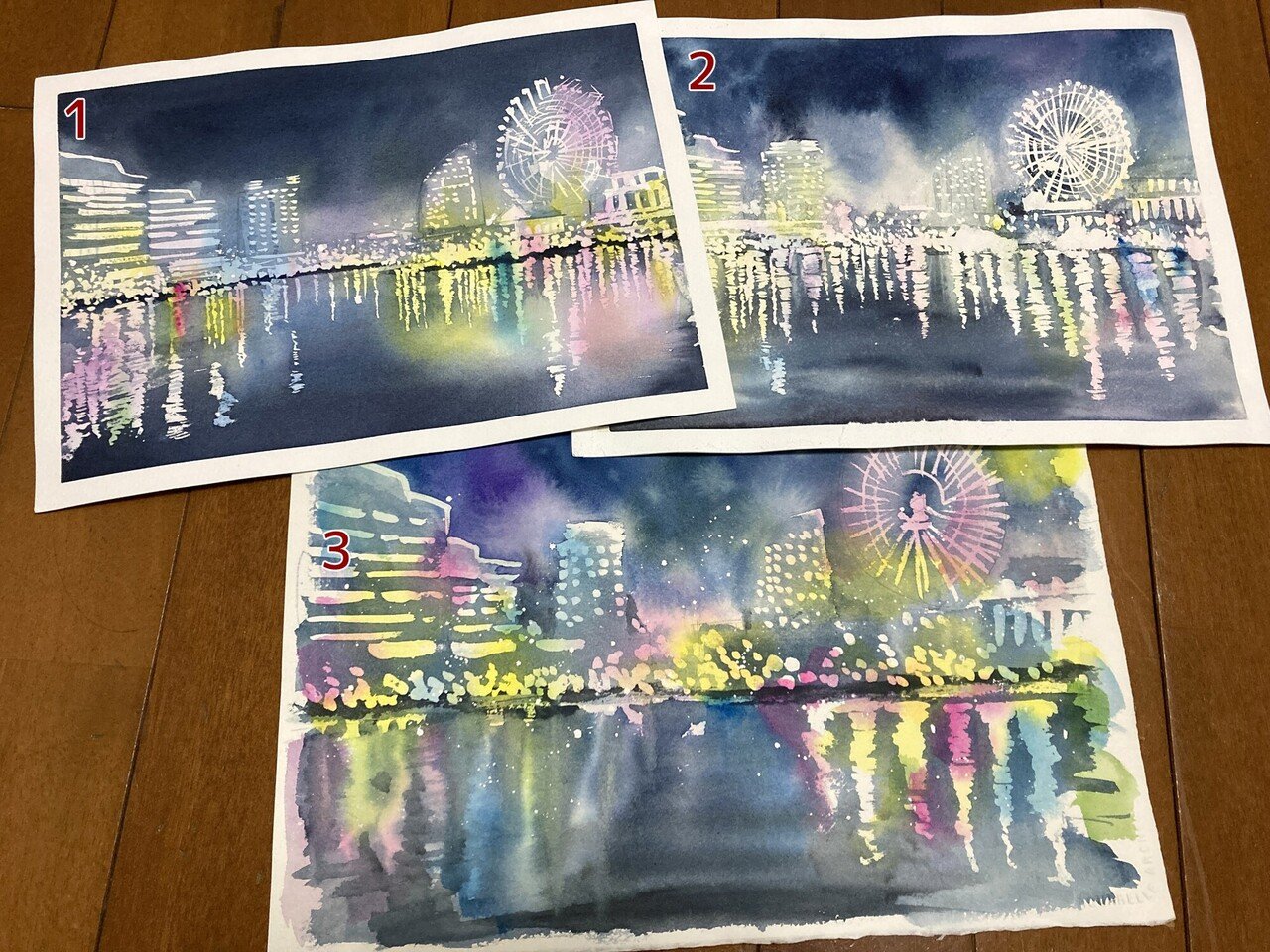 水彩画 横浜みなとみらい メイキング|風夜 水彩画 横浜みなとみらい メイキング|風夜