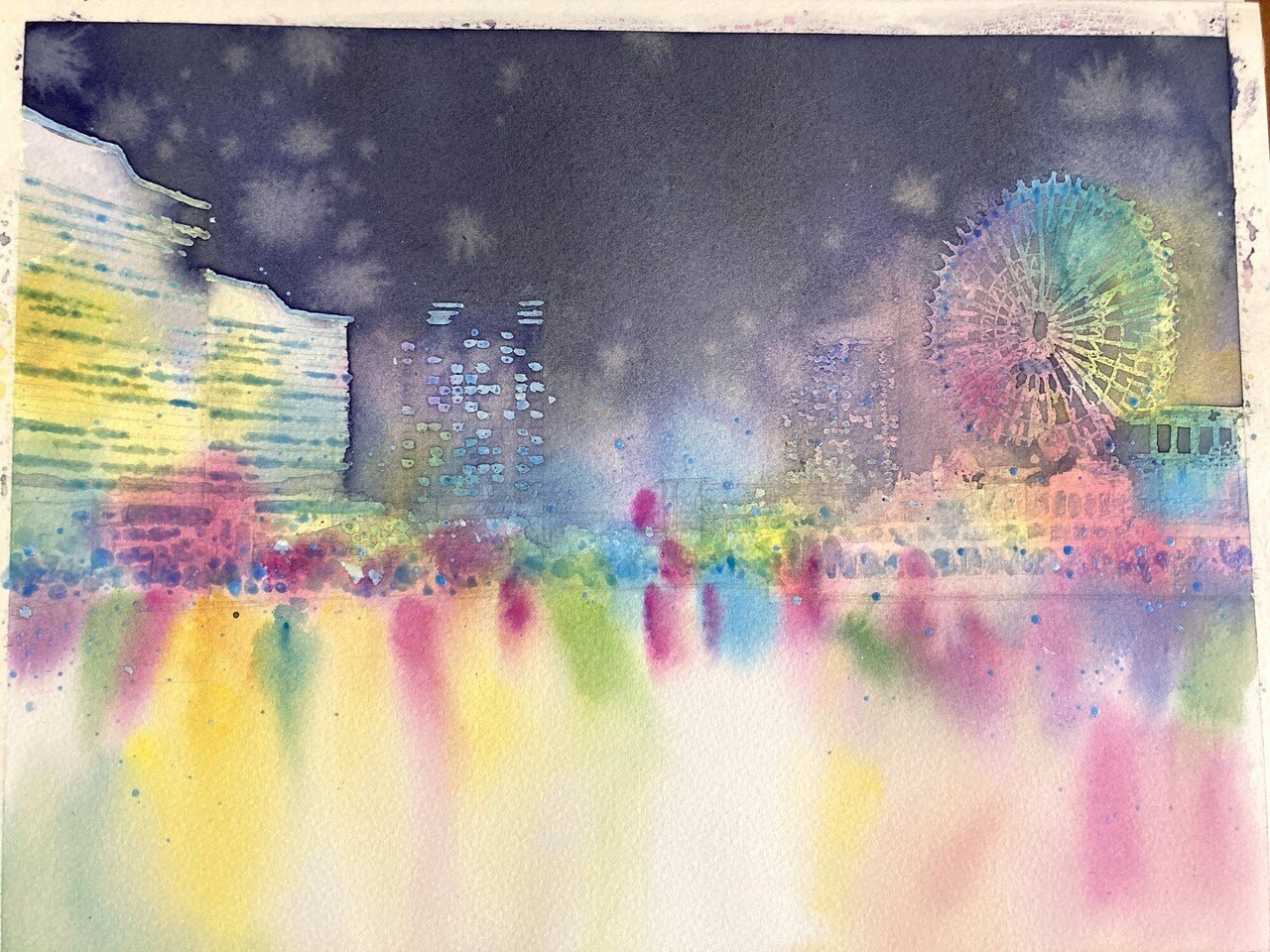 水彩画 横浜みなとみらい メイキング|風夜 水彩画 横浜みなとみらい メイキング|風夜