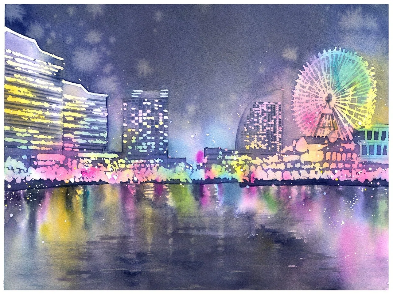 【良品】水彩　風景画　東京湾から望む横浜 水彩画 横浜みなとみらい メイキング｜風夜