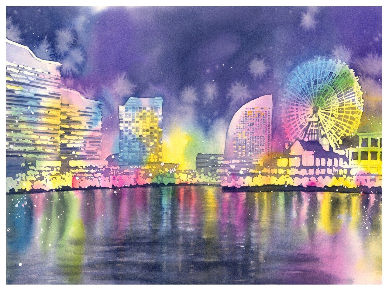 水彩画 横浜みなとみらい メイキング|風夜 水彩画 横浜みなとみらい メイキング|風夜