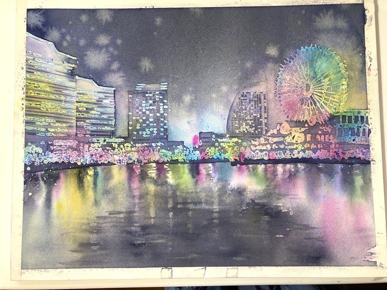 水彩画 横浜みなとみらい メイキング|風夜 水彩画 横浜みなとみらい メイキング|風夜