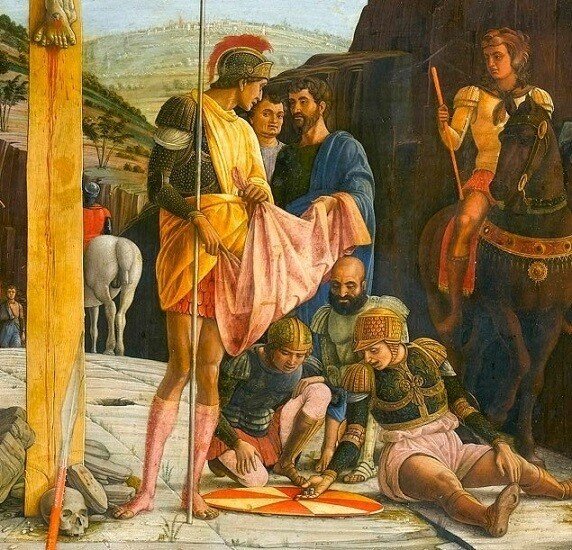 Mantegna,_Andrea_-_crucifixion_-_Louvre_from_Predella_San_Zeno_Altarpiece_Verona 　マンテーニャ　磔刑図　イエス　キリスト　服　ヒマティオン　HIMATION