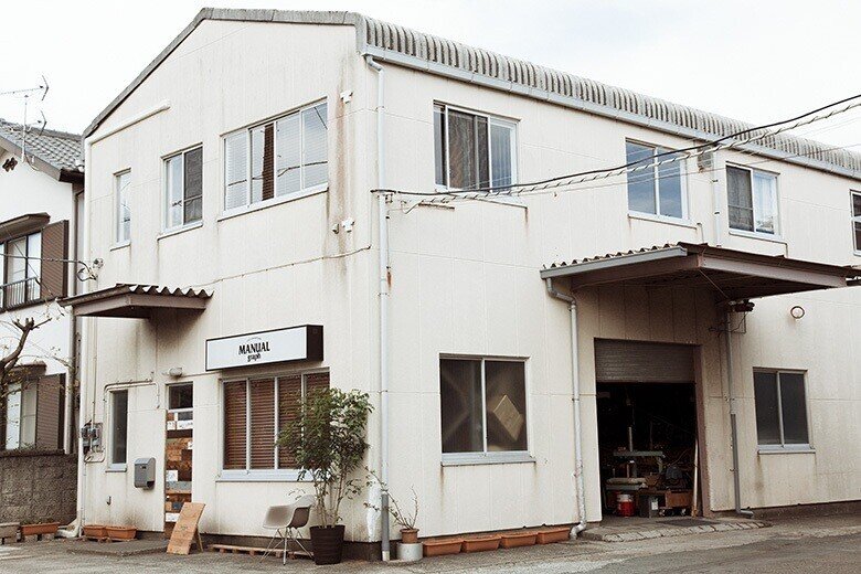 倉庫を改装して作ったというMANUALgraph本店 すぐ隣に工場があります