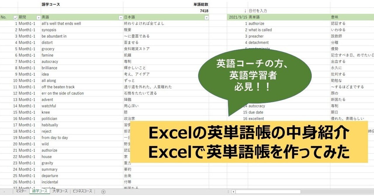 Excelで英単語帳を作ってみた 英語コーチ 英語の先生 英語学習者必見 7 951語 T Kobayashi Kyappy English Note