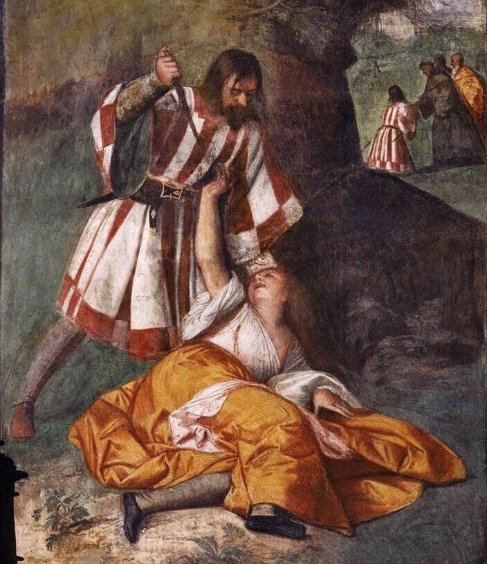 1-7ティツィアーノ《嫉妬した男の奇蹟》部分　1511年　パドヴァ、スクオーラ・デル・サント