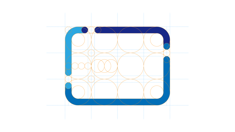 デジタルの日ロゴライン → デジタルの日ロゴのグリット。ロゴを縦に3分割、横に4分割した方眼状の補助線が引かれていて、方眼の中にいくつかの円が描かれている。ロゴの線分はグリッドと円に沿って長さと形状が定められている。