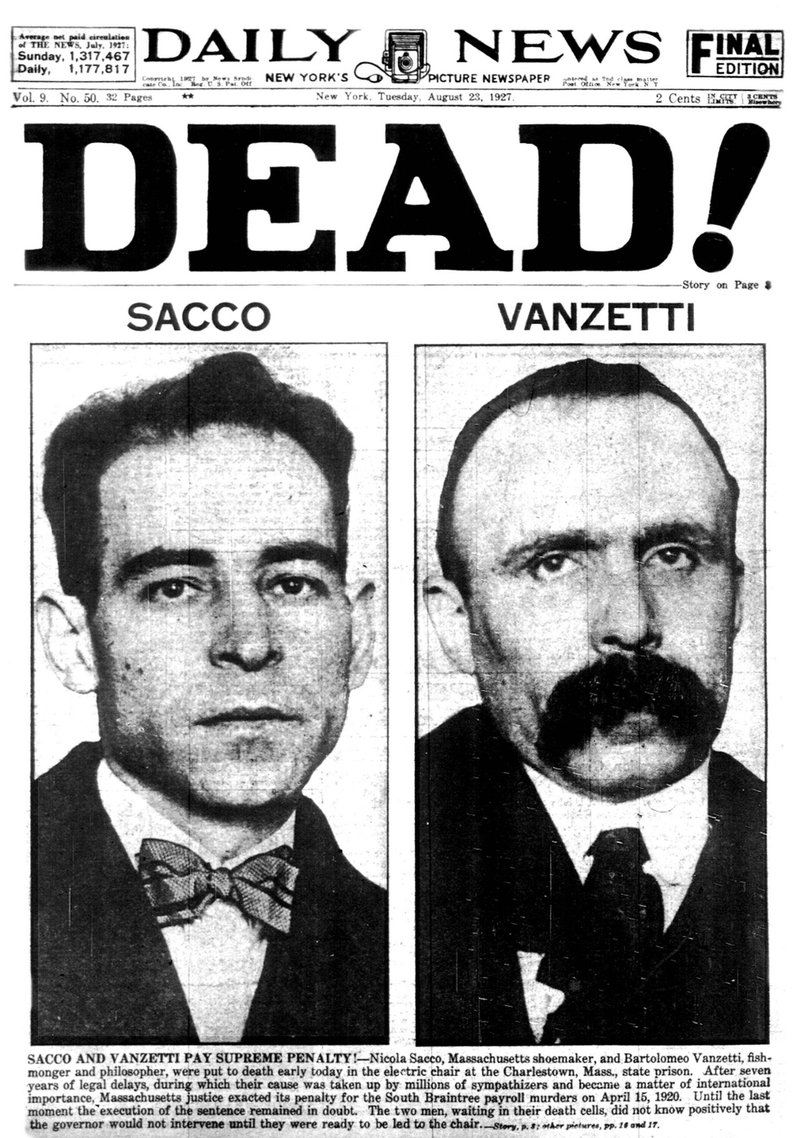【百年ニュース】1921(大正10)7月14日(木) サッコ・ヴァンゼッティ事件で死刑判決が下される。1920年4月にマサチューセッツ州