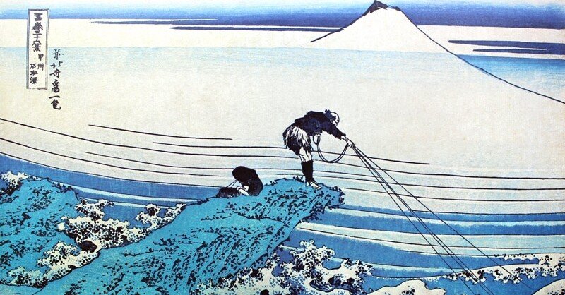 甲州石班沢』−富士に重なる漁師の仕事場−『富嶽三十六景』｜おうよう