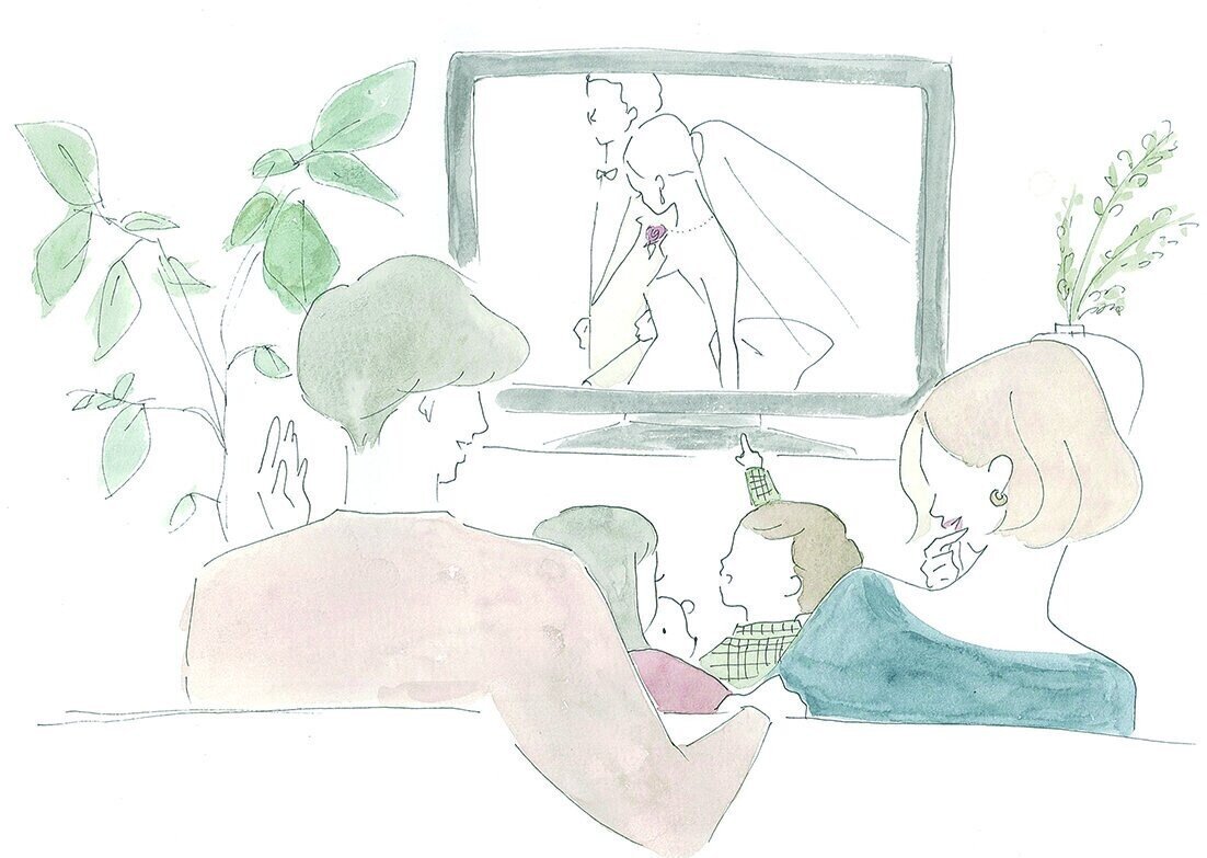 イラスト_家族でビデオ鑑賞
