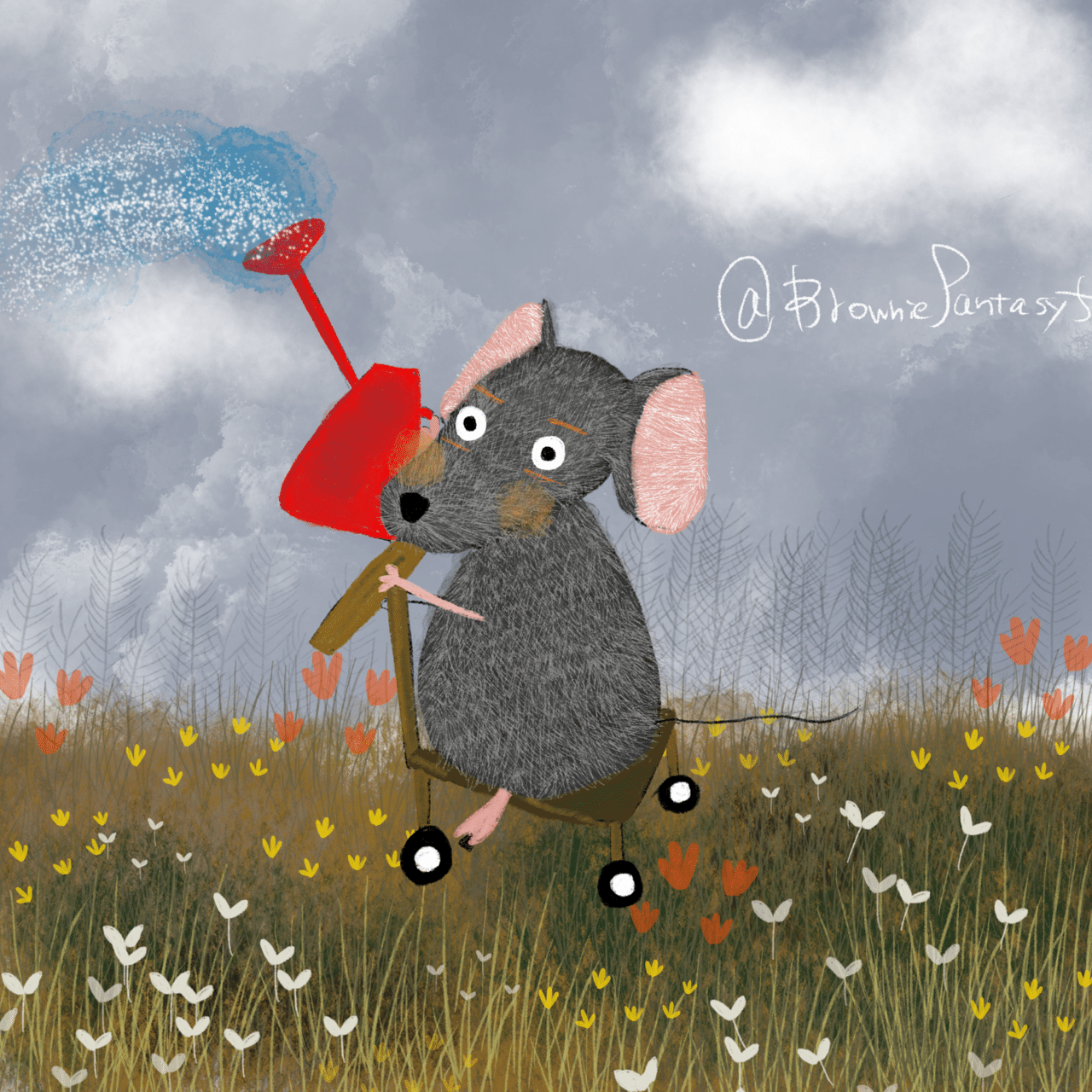 働きネズミです 朝起きたら 我が家がある野原に水やり 一仕事終えた後朝食タイム そのあとは郵便のお仕事をします もうすぐ ハロウィンや クリスマスが待っているので少しでもごちそうを食べられるように頑張 Brownie Note