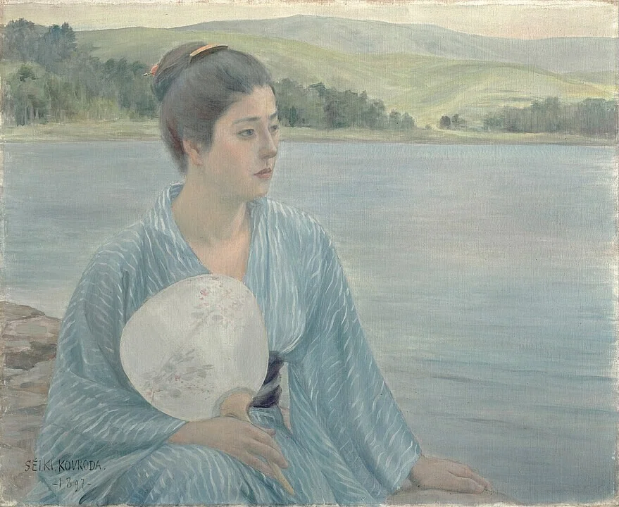直筆絵画　女性と湖の風景 実況する美術鑑賞＃42】黒田清輝「湖畔」【毎日60分で1記事】｜鑑賞