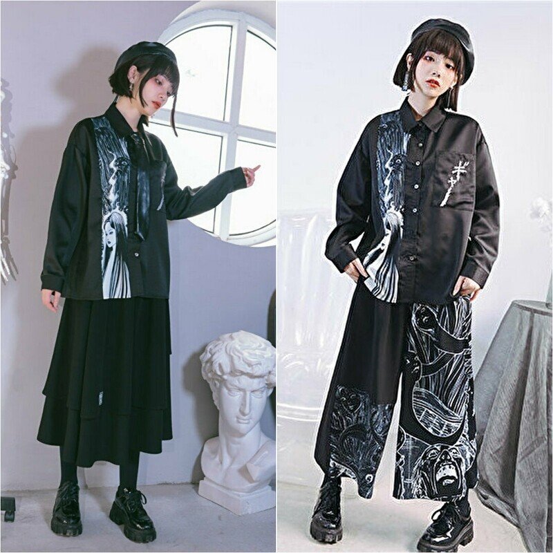 富江（伊藤潤二）ワッペン付き 黒スエード風フレアスカート 天使と悪魔 サブカル系ファッションSEASONZ☪☪☪】伊藤潤二の異世界