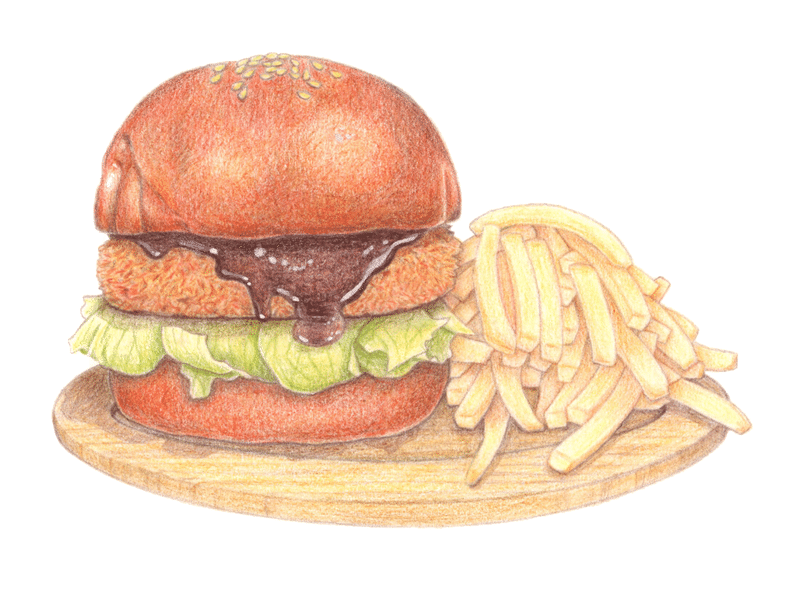 メンチカツバーガーポテトセット 色鉛筆イラスト サンモール洋光台 Passtime様 いぬいしずか Note メンチカツバーガーポテトセット 色鉛筆イラスト サンモール洋光台 Passtime様 いぬいしずか Note