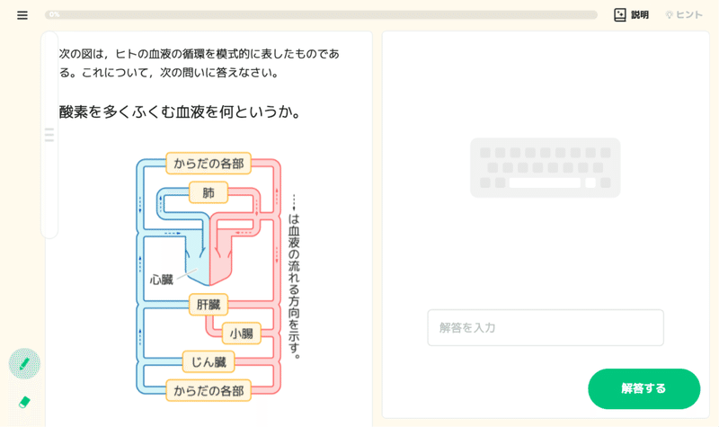 「Qubena 小中5教科」問題画面イメージ（血液）