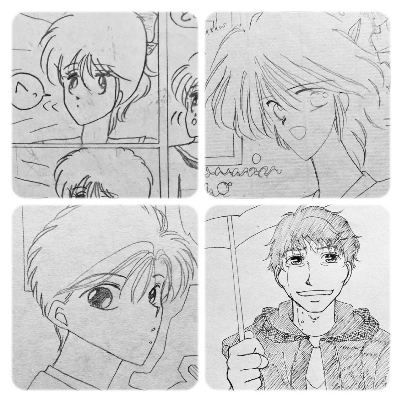 部屋の中を整理してたら 懐かしい絵が出てきました 左上が 小学生の頃 右上が 中学生の頃 左下が 高校生の頃で 右下が 現在 小さい頃から 漫画を描いてるんですが ストーリーは無茶苦茶で Cometiki 画家 お仕事募集中 Note