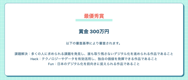 最優秀賞の審査基準は「課題解決」「Hack」「Fun」の3項目