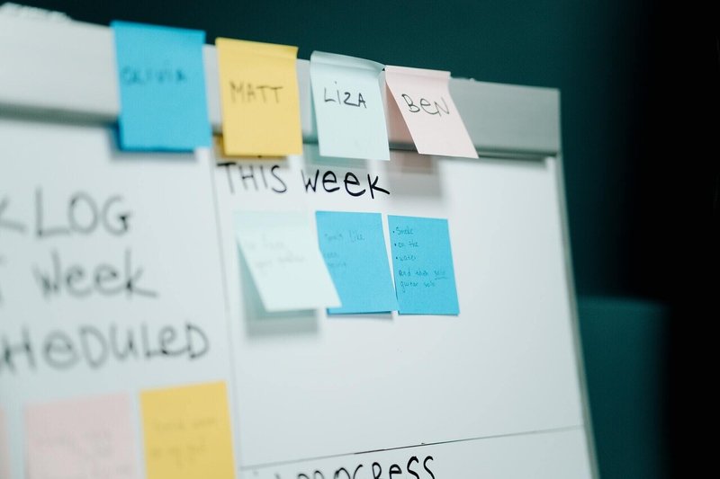 ホワイトボードにたくさんの付箋が貼られている。ピントが合っている部分には「This Week」と書かれており、開発プロセスの管理をしているボードにみえる。