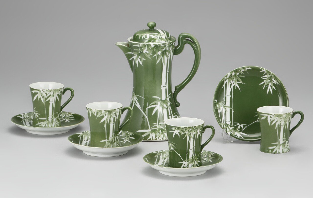 タチ吉緑色葉模様陶器コップ5個セット たち吉 蓋つき椀 2個