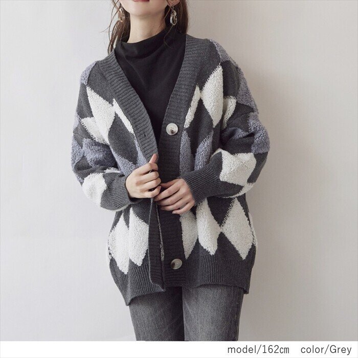 個性が光るダイヤ柄でコーデのアクセントに ダイヤモンド柄ニットカーディガン２カラー Myfavoriteitemsstore Note