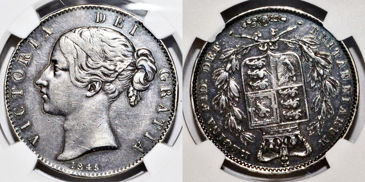 イギリス クラウン銀貨 1845年 ヤングヘッド PCGS AU50