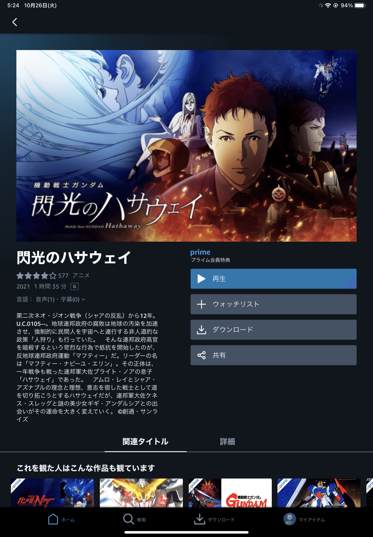 閃光のハサウェイ Amazonプライムで見れた 晴レ男 Note