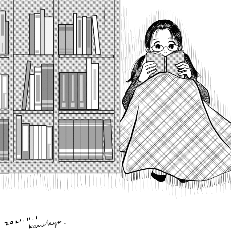 本日はちょっと喋る隙間が無さそうなので、イラストだけアップします。『君たちは今が世界』を読んでいます。面白いけど、少しずつしか読めません。胸が痛いのです。　#イラスト　#読書 #読書の秋　#眼鏡女子　#田村さん　#膝掛け女子　
