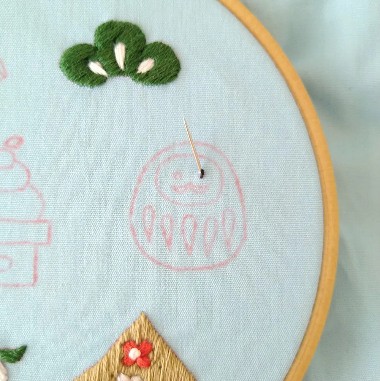 お正月の刺繍枠キットを作ろう🎍 ステップ14 〜だるまの目の刺繍