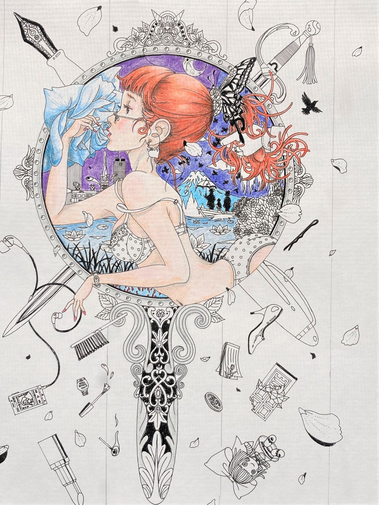 色鉛筆画　絵画　 「乱れ髪」 中村祐介さん塗り絵下塗り1｜こはくこ 色鉛筆画 絵画 「乱れ髪」