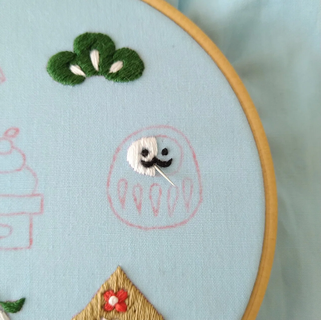 お正月の刺繍枠キットを作ろう🎍 ステップ16 〜だるまの顔の刺繍
