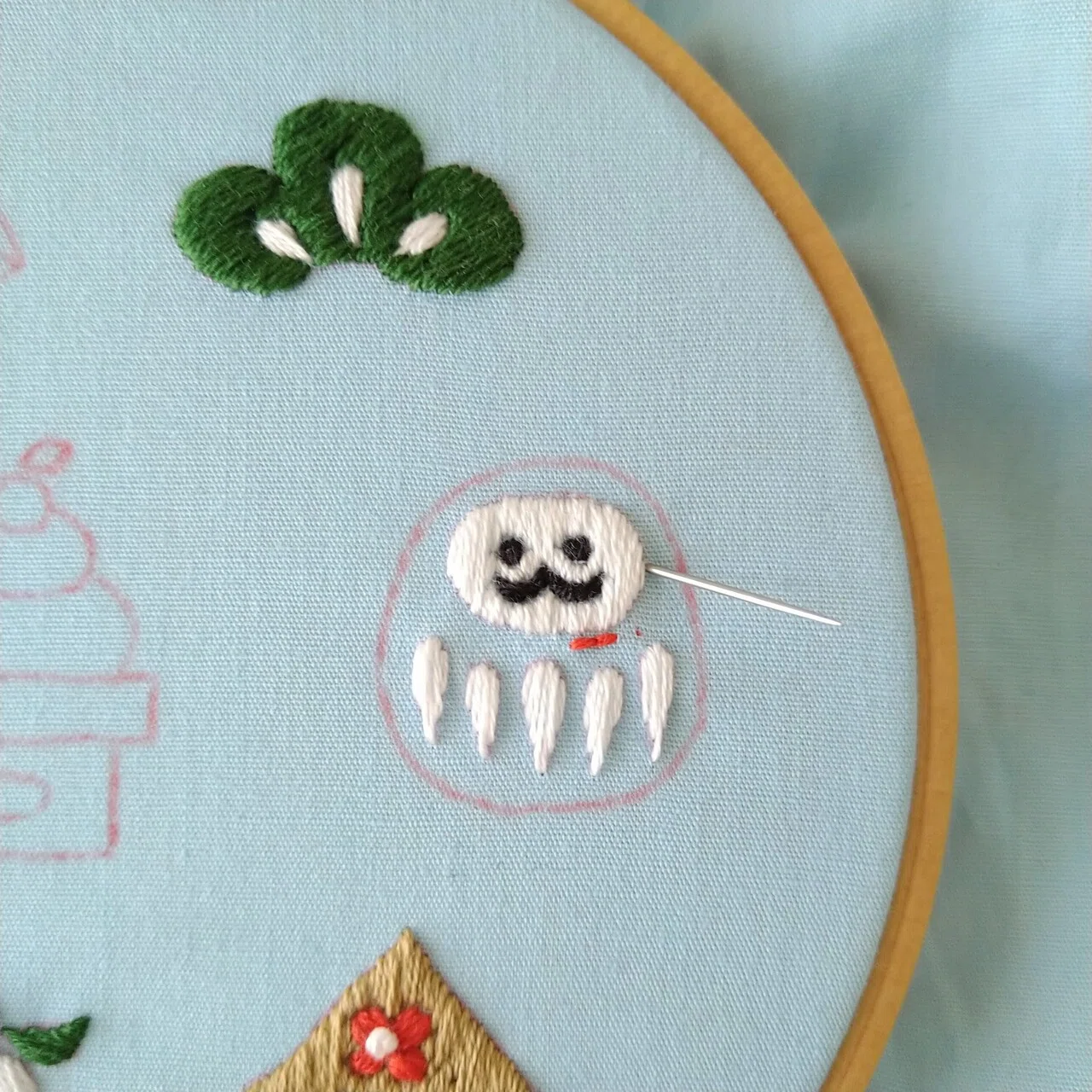 お正月の刺繍枠キットを作ろう🎍 ステップ18 〜だるまの赤い部分の刺繍