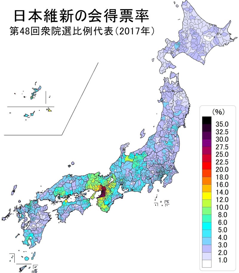 日本維新の会の勢力分布を初公開 市区町村別に比例得票率を地図化 17年衆院選精密地域分析part9 三春充希 はる みらい選挙プロジェクト Note