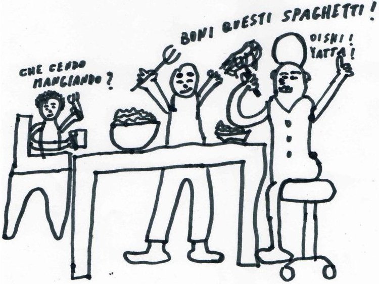 2009年の秋に夫のモシモシことシモーネが描いた家族の肖像です。ムスメはChe cendo mangiando?という間違ったイタリア語を話しており、翻訳不可能・・・（笑）cheは「何」cendoは進行形の動詞でジェルンディオの欠片です。マンジャンド、は食べているという進行形です。boni quiesti spaghettiはこのスパゲッティおいしい！（本当はBuoni)私の足が一本なのはいつ見ても面白いです（笑）
