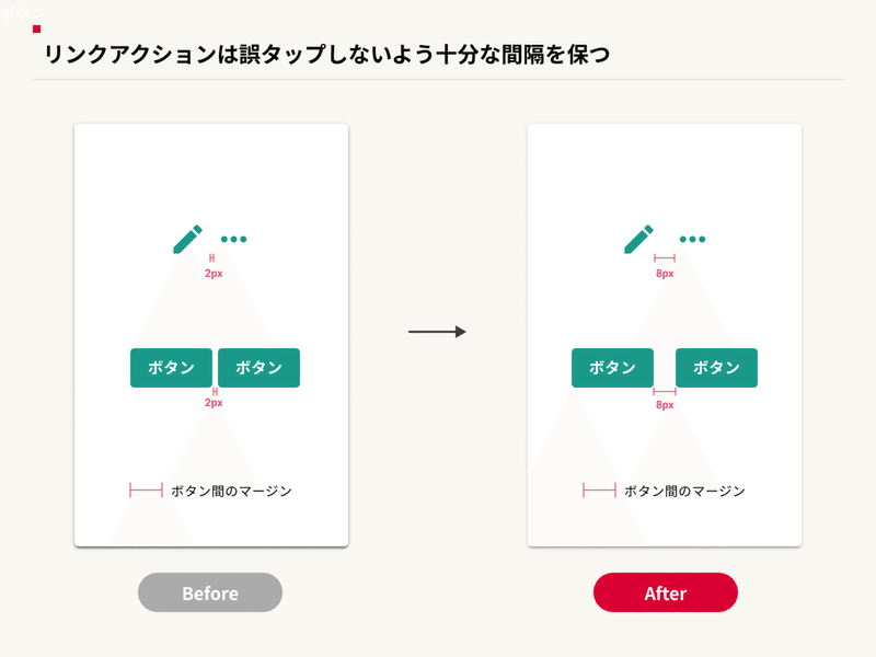 ボタンが隣接する場合は押しやすい間隔を保つ