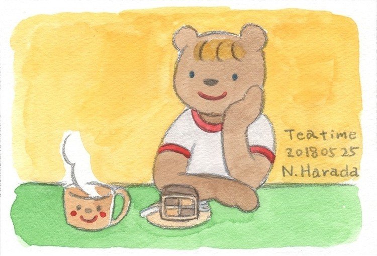 クマさん（クマ人間改め）シリーズ第１作目「Tea time」です。今日から新作描くたびにアップしていこうと思います。やさしいクマの世界を切り取って絵にしていけたらいいなぁ…！(^^)