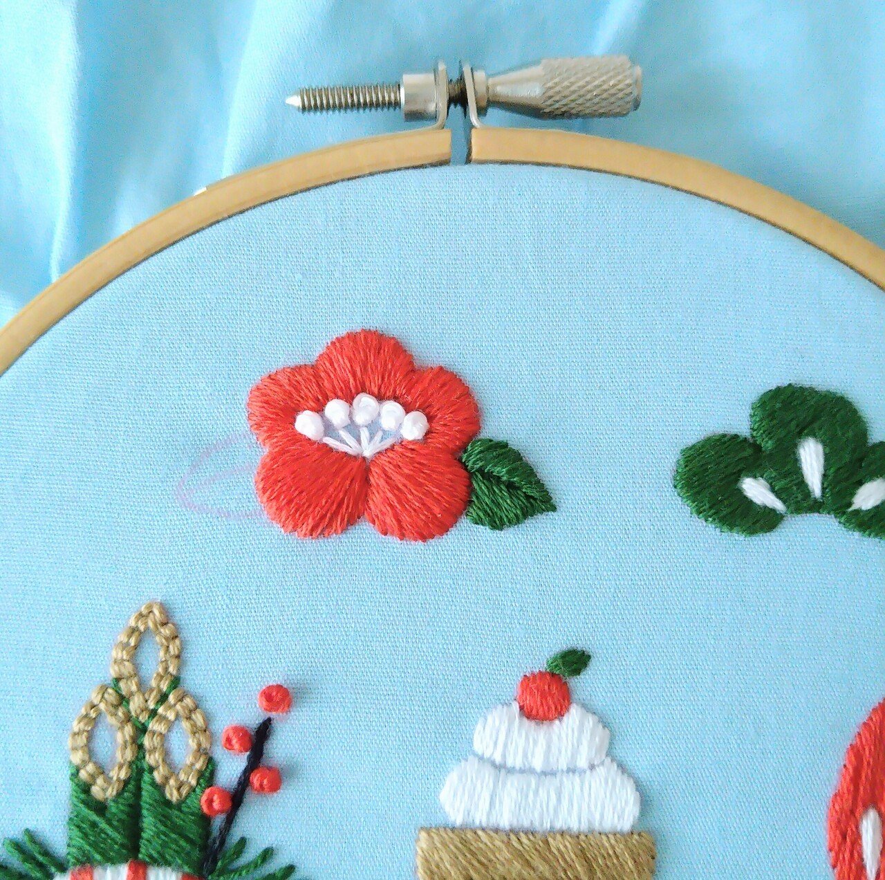 ★未使用★刺繍画　椿(?)  アンティーク　額縁付　額装 ☆未使用☆刺繍画 椿(?) アンティーク 額縁付 額装 椿 刺繍額