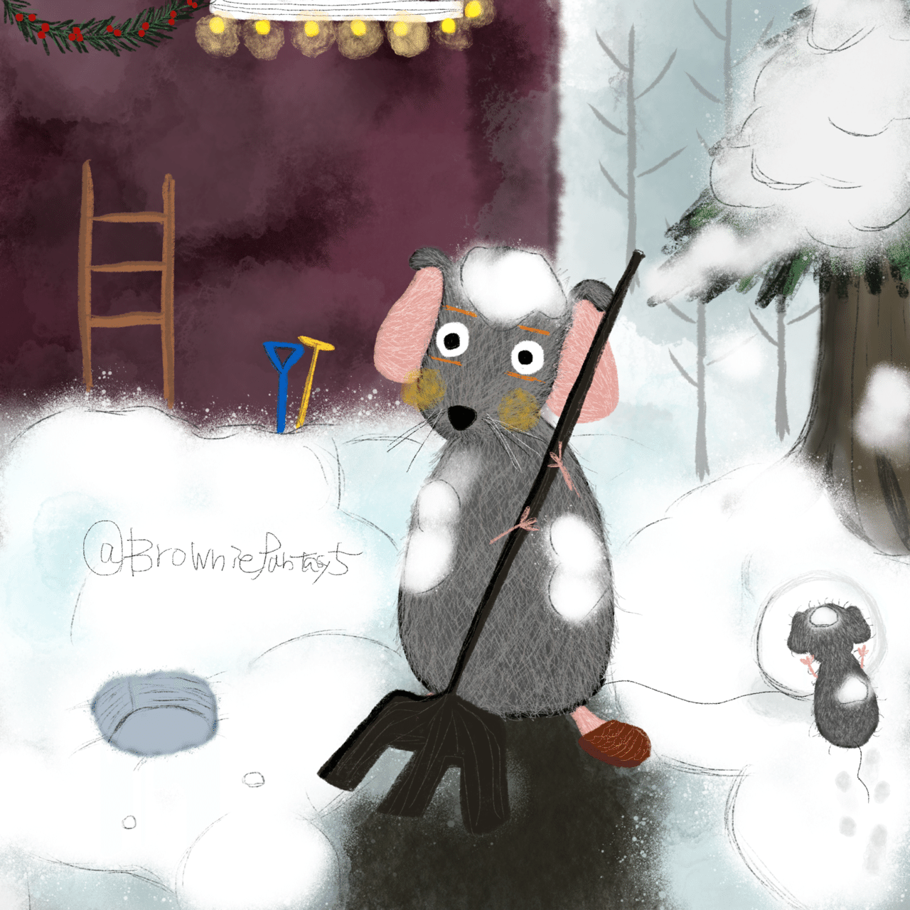 ネズミたちにとって 家を建てるなんて夢のまた夢にすぎません でもたまに地上へ出て仕事をしていると 羨ましいなぁと思うのです 今日は娘も連れて一緒に雪掻き イラスト 絵本 作品 私のコーヒ Brownie Note