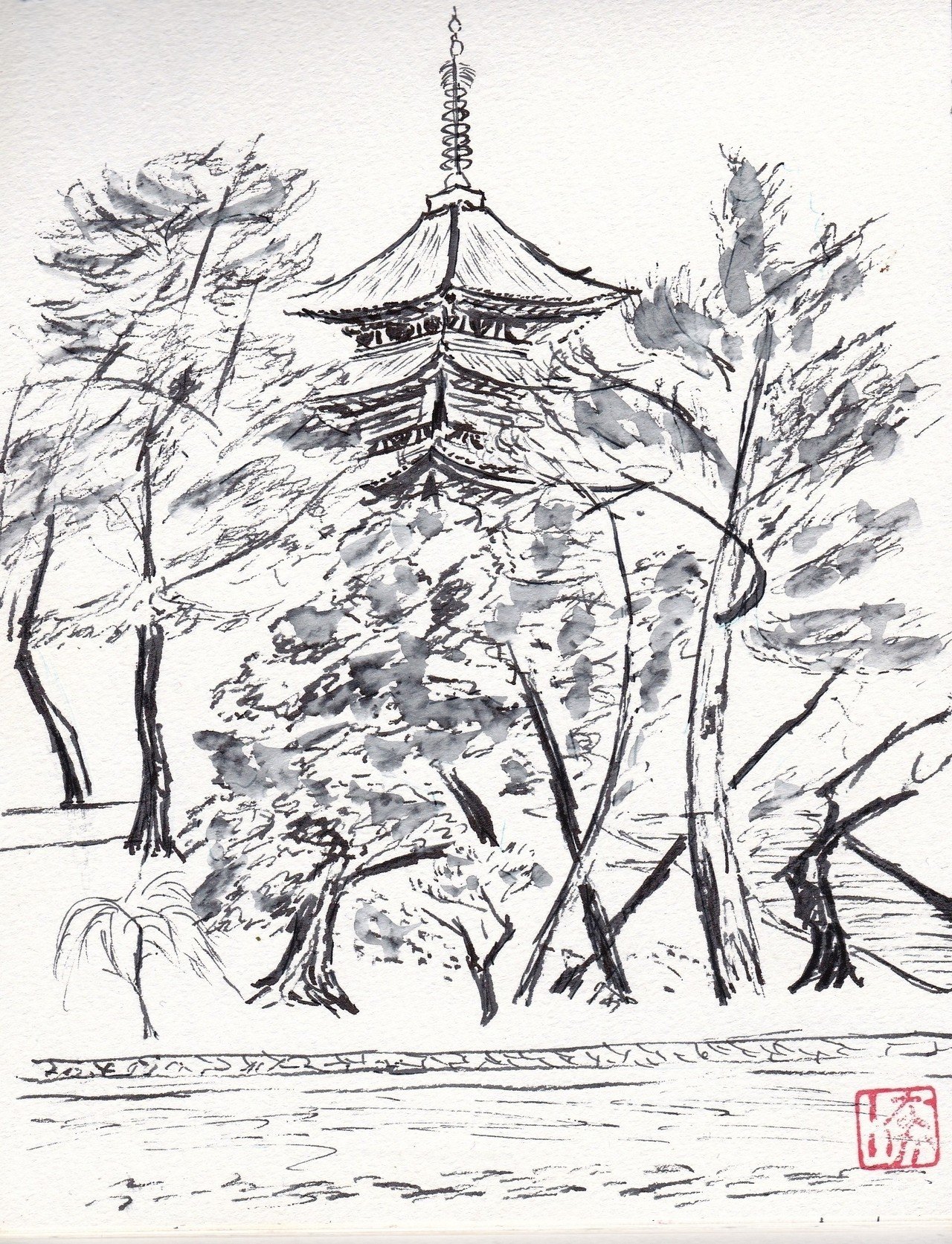 なんちゃって水墨画シリーズ 猿沢池から見た興福寺 なかしぃ卿 ボールペン浮世絵師 Note なんちゃって水墨画シリーズ 猿沢池から見た興福寺 なかしぃ卿 ボールペン浮世絵師 Note