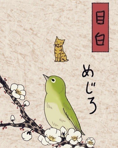 梅の枝にとまる「メジロ」を見つめる猫。
