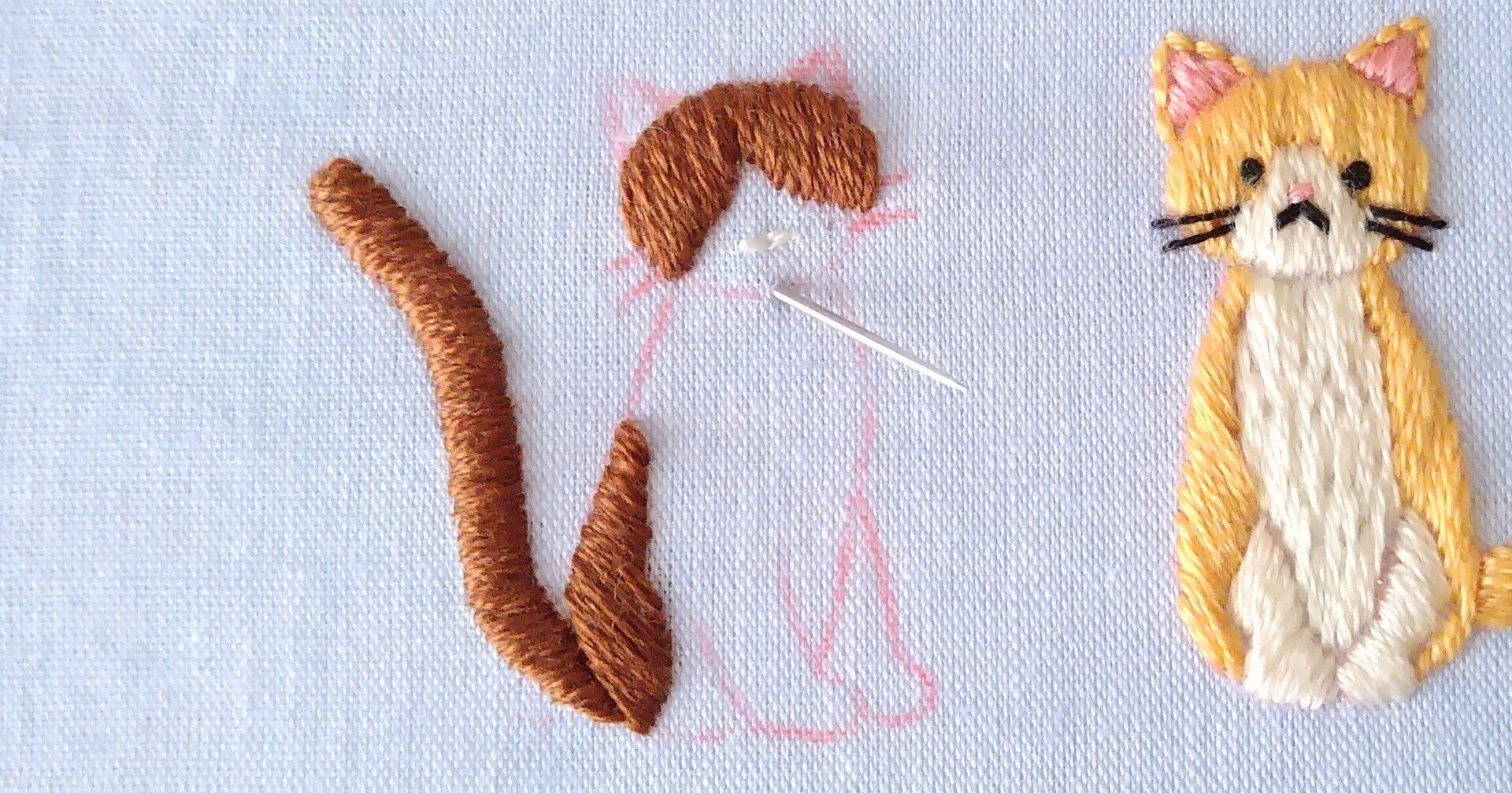 2匹の猫の刺繍図案🐈🐾 ステップ15 〜ハチワレ猫のしっぽの刺繍