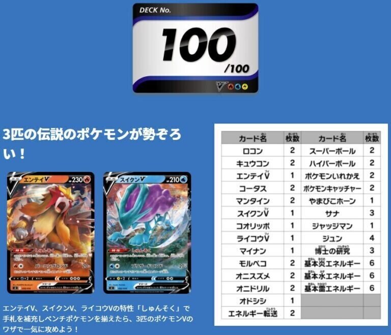 ポケモンカード スタートデッキ100 デッキナンバー100 ライコウ スイクン