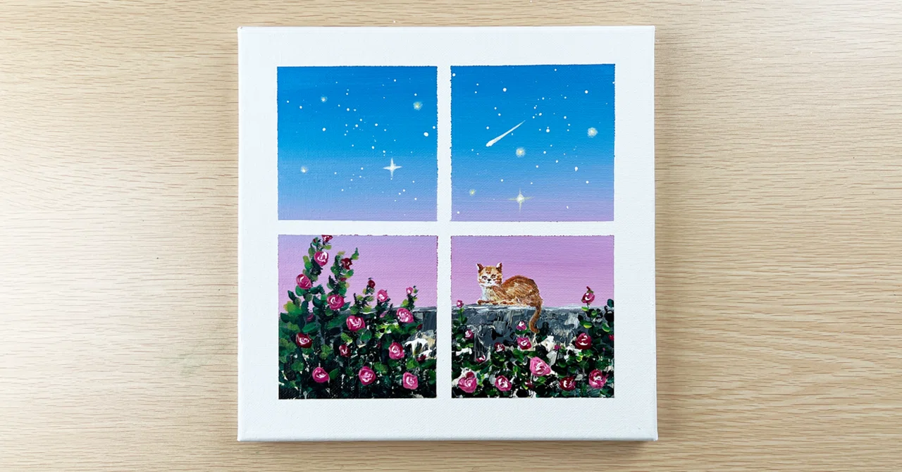 k*す様 アクリル画　窓猫 アクリル絵の具で「窓から眺める猫の風景 🐱」描いてみた｜junya_art
