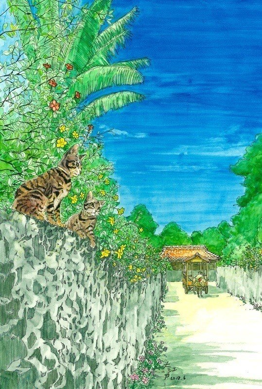 鷺ノ宮のギャラリーカフェ「MUSA」さん　http://cafe-musa.art.coocan.jp/　にて、今月も絵を飾っていただいております。ペン＋水彩＋猫部分のみアクリル描き。