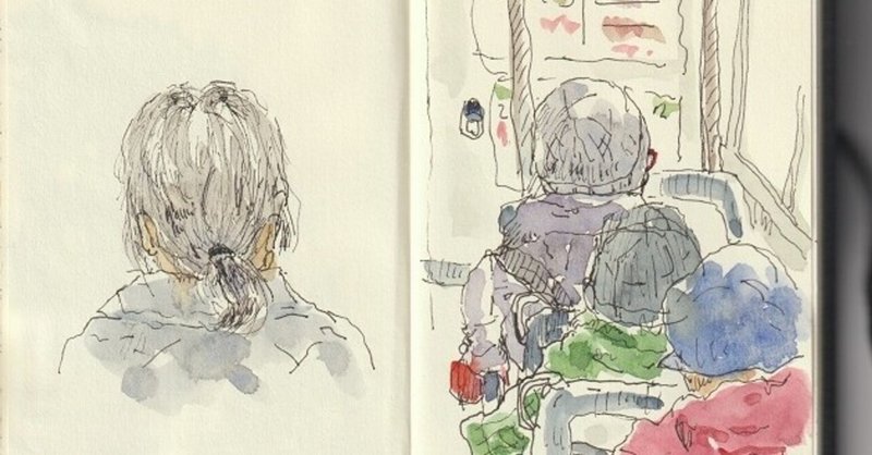 バスの中のクロッキー2点、絵を描く手帳5冊目です