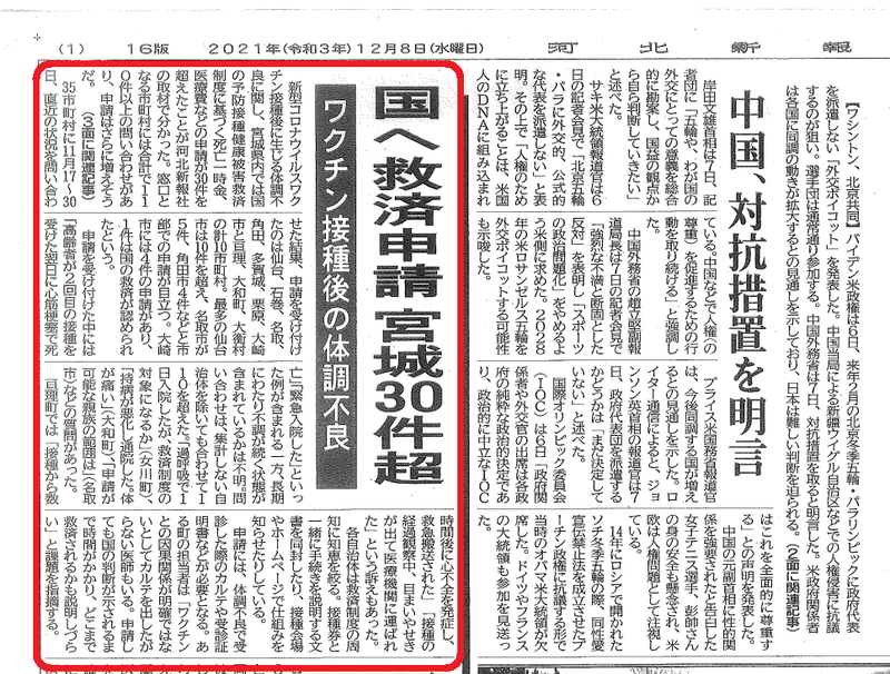 河北新報　2021年12月8日1面 色枠あり