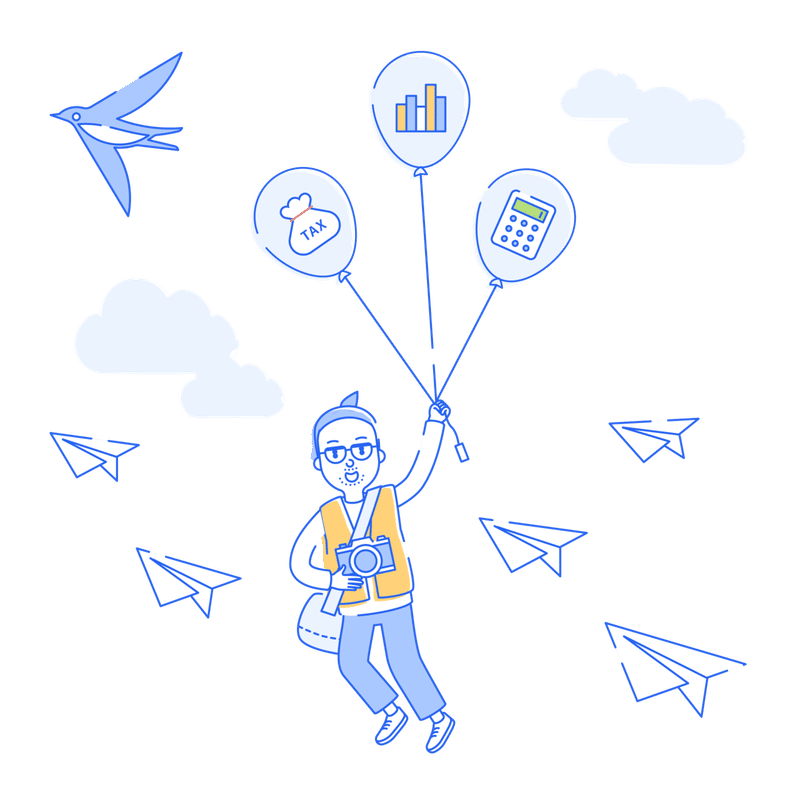 電卓の描かれた風船を持って空を飛ぶ個人事業主と紙ヒコーキ
