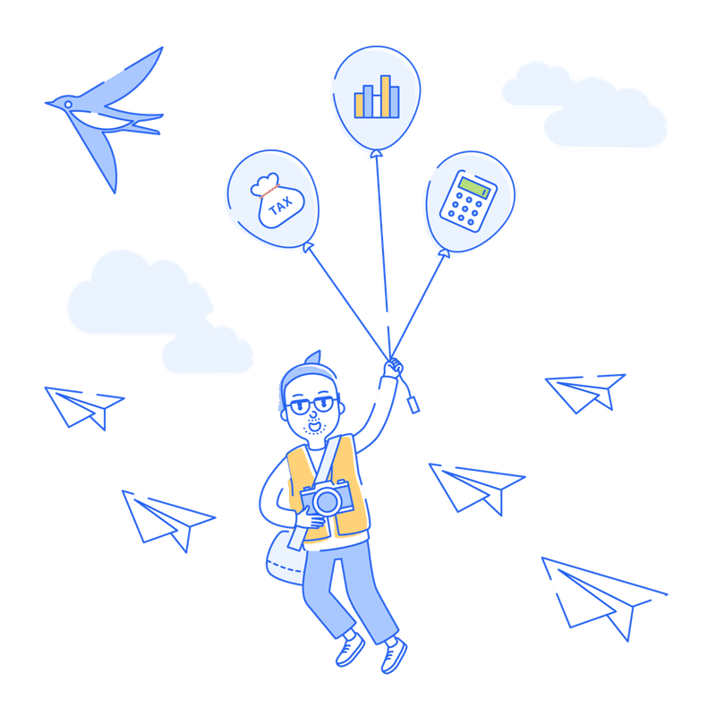 電卓の描かれた風船を持って空を飛ぶ個人事業主と紙ヒコーキ
