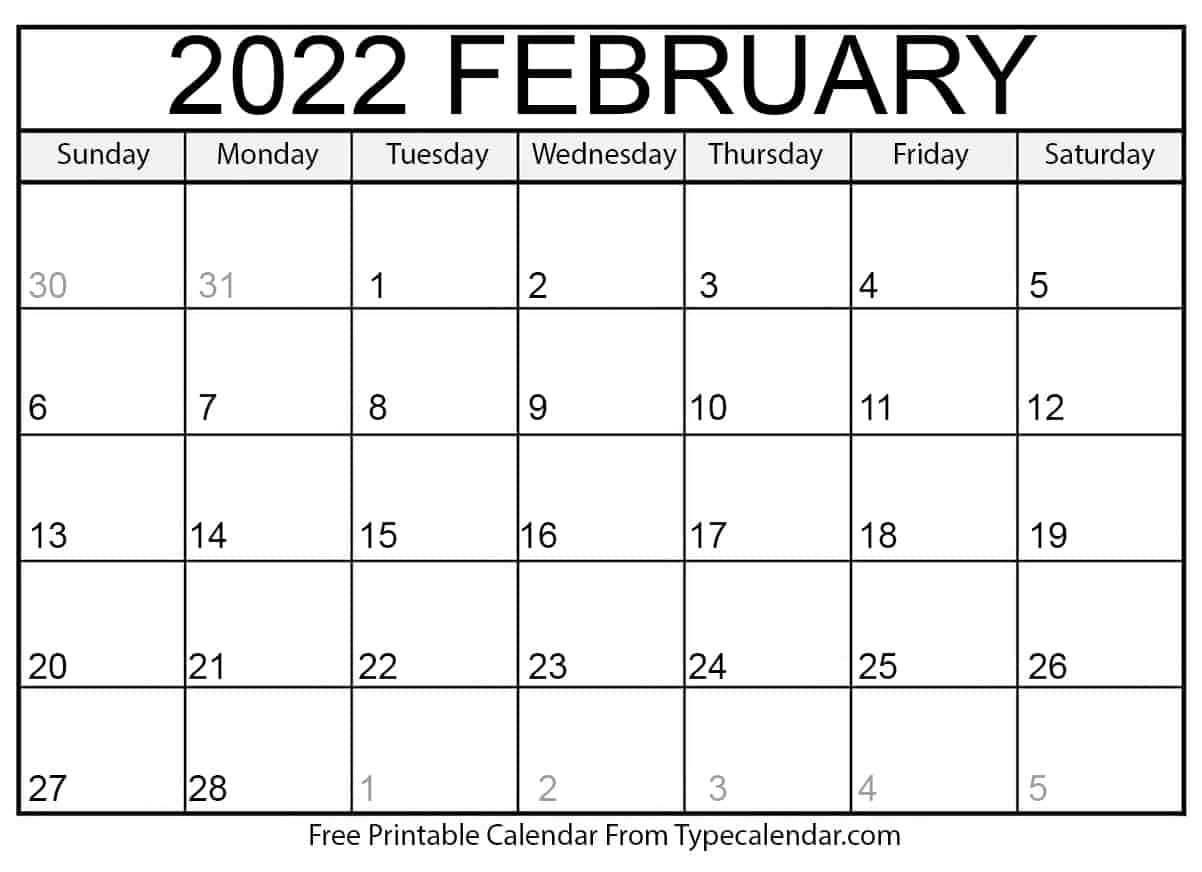 February 2022 Calendar|Type Calendar|Note