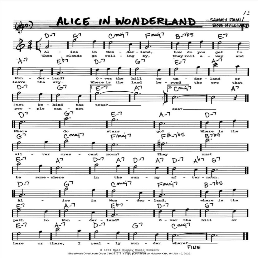 次回のクラス Alice In Wonderland 課題曲 霧生ナブ子 Nabuko Kiryu Note